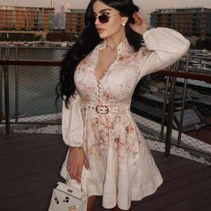 NWOT $895 Zimmermann Illustration Buttoned Linen Mini Dress Cream Floral AU 1